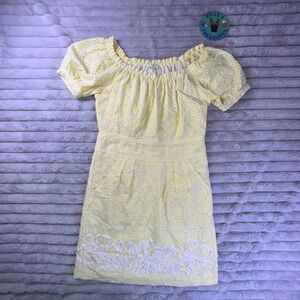 Jade‎ Dress Small Eyelet Puff Sleeve Yellow Lemons Embroidered Pockets Milkmaid